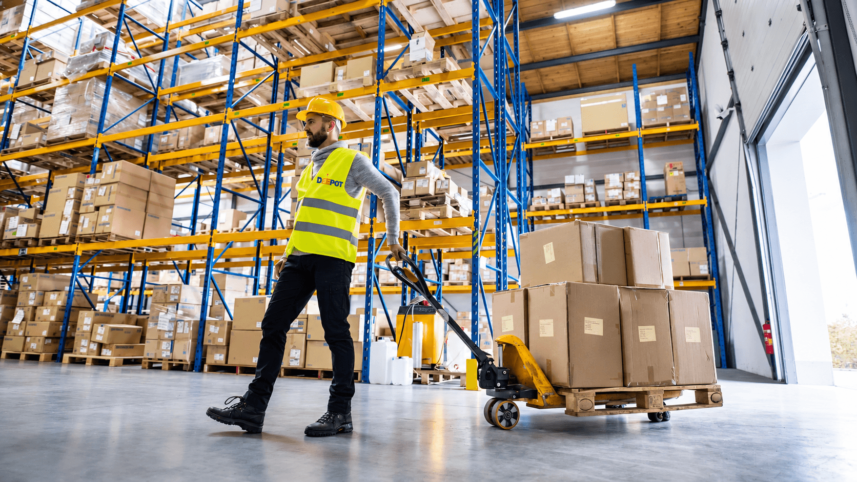 Illustratief beeld van een magazijnmedewerker die een pallet met een palletwagen verplaatst.