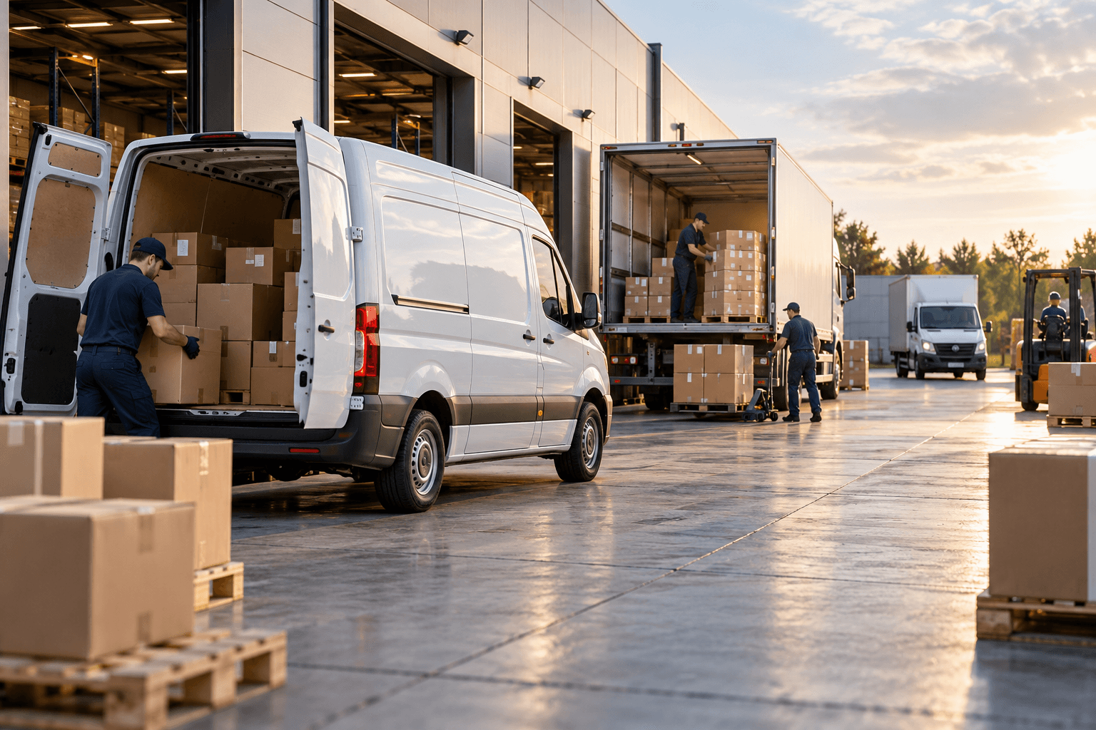 Illustratief beeld van het laden van dozen in een bestelwagen en vrachtwagen bij een magazijn.